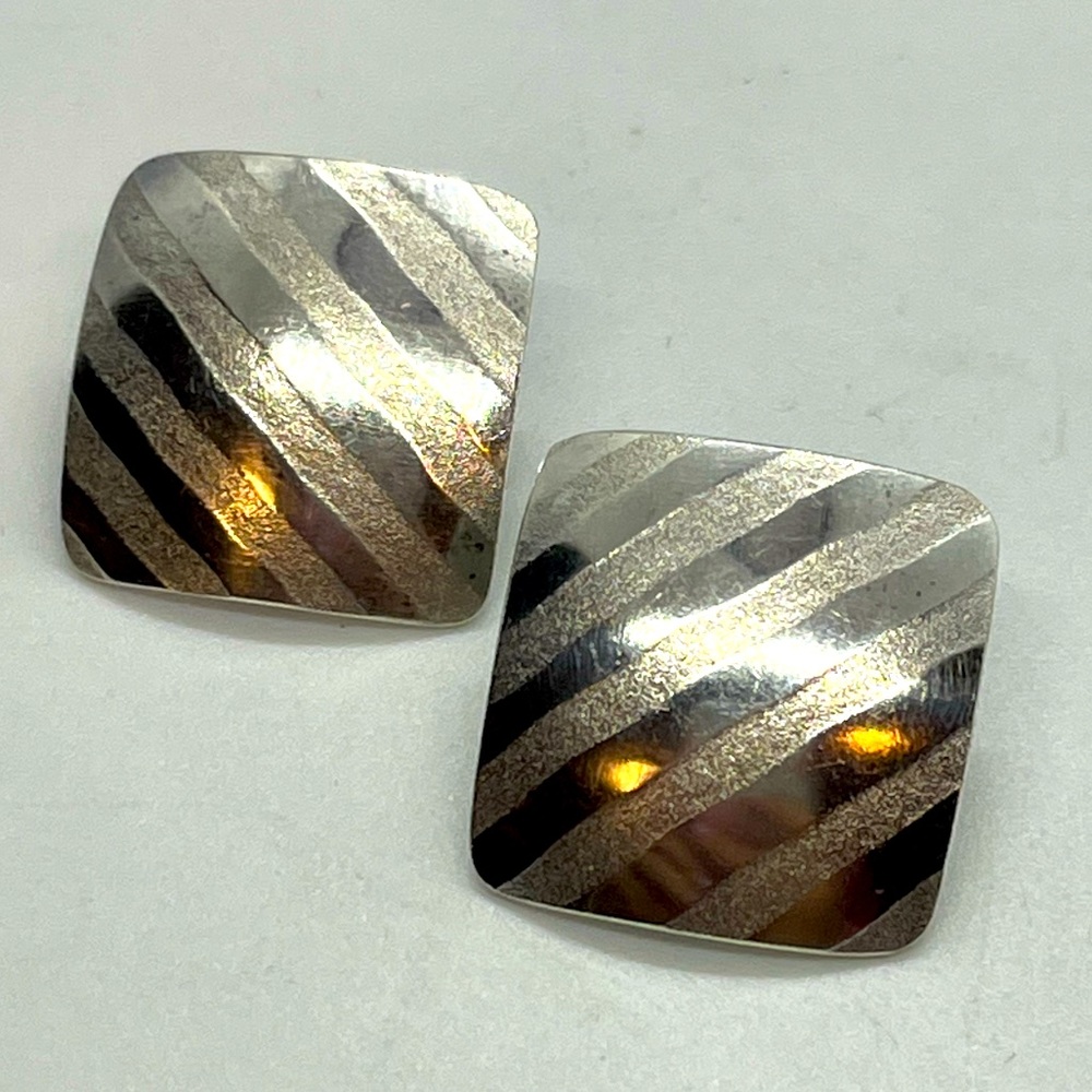 Vintage Navajo Estate J. Wright Large Square Etched Earrings Sterling Silver